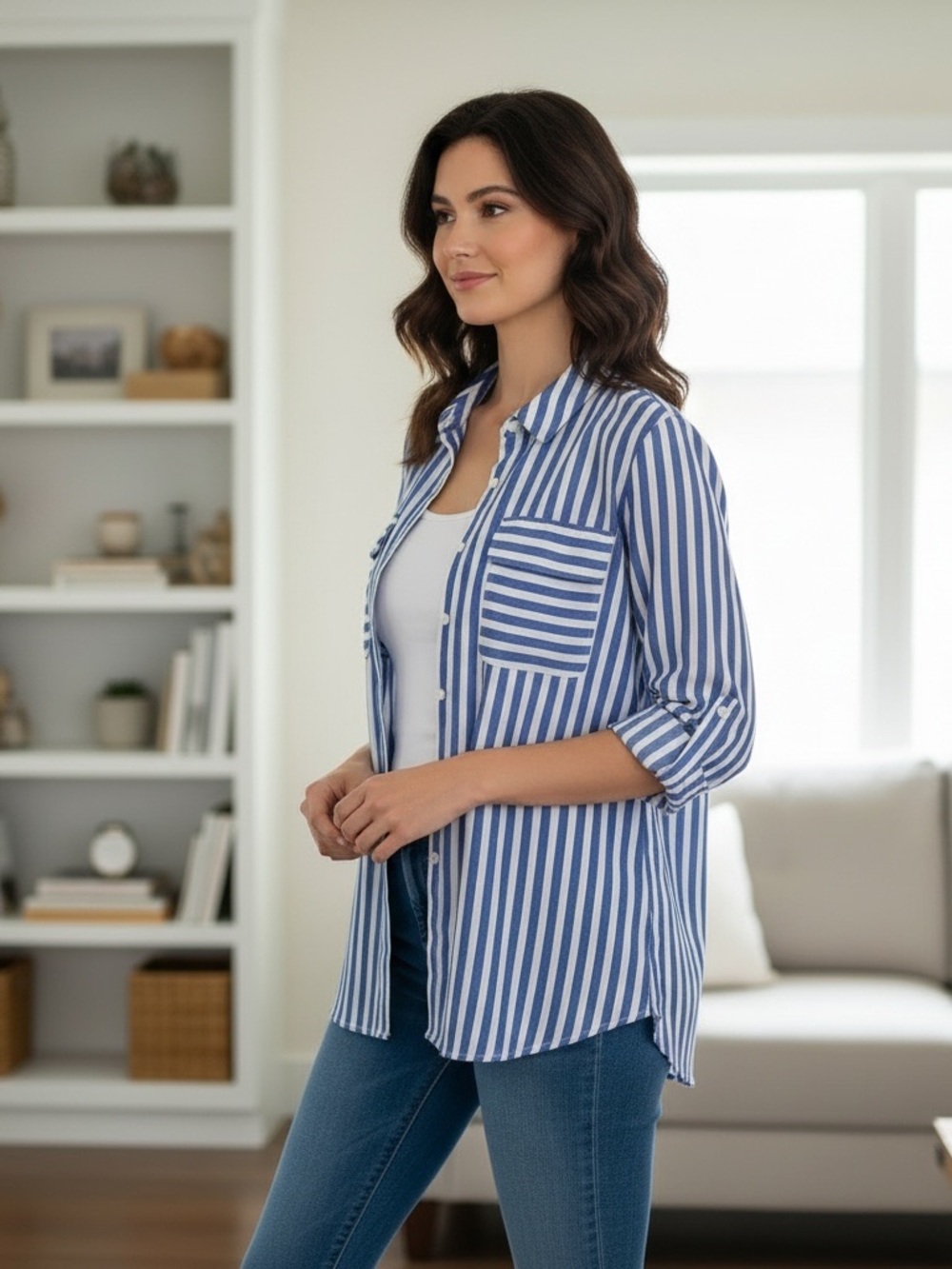 Express Blue and White Striped Button-Down Shirt